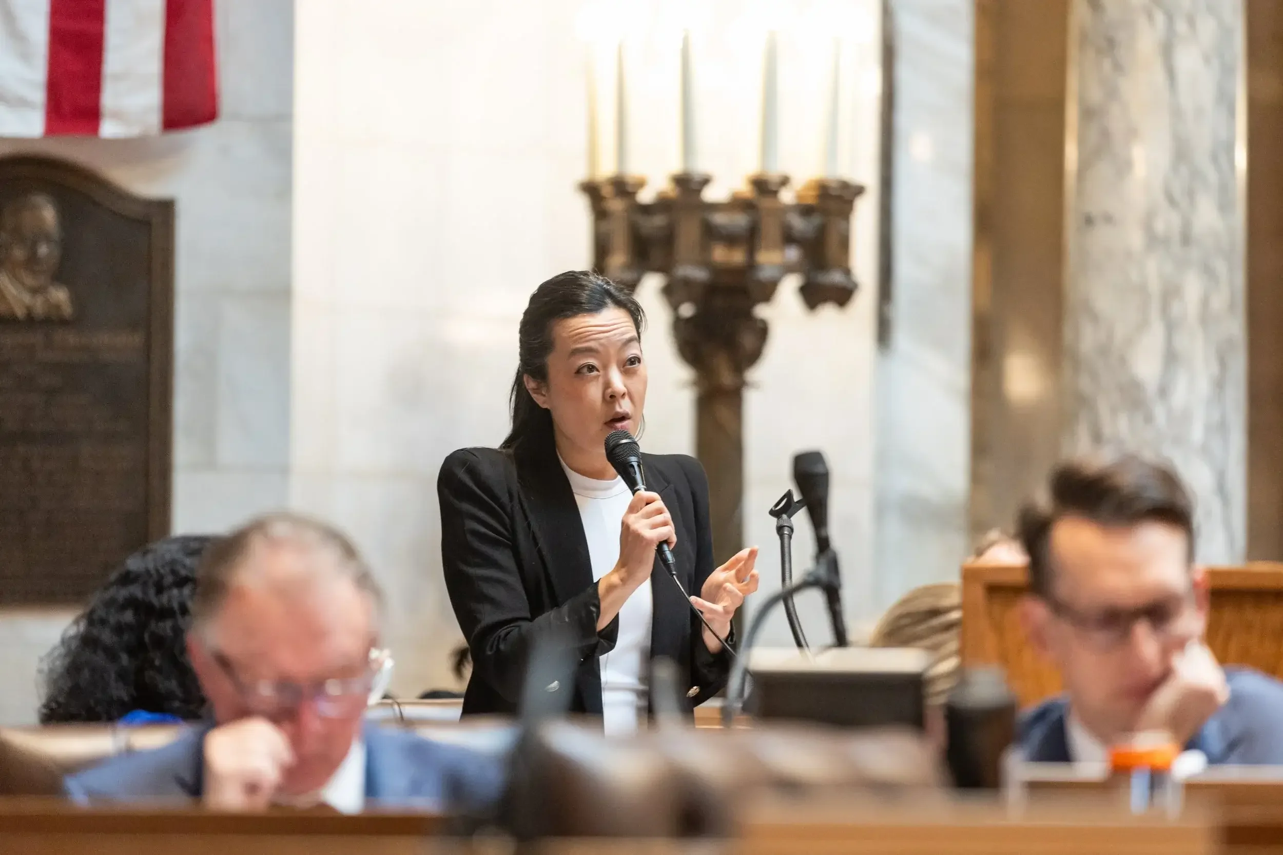 Fran Hong speaking into a microphone while standing in a legislative chamber, wearing a black blazer and white top, with blurred men visible in the foreground.